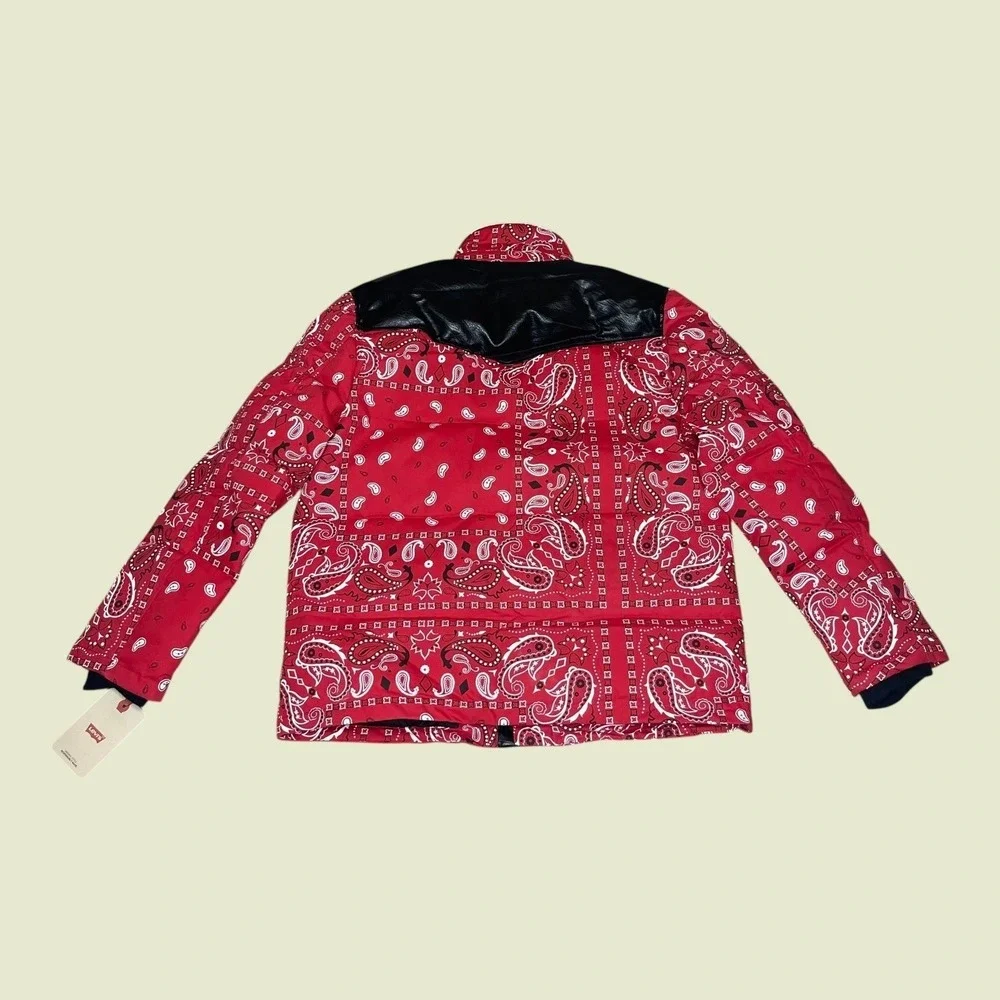 NEW Levis Mens Red Paisley‎ Bandana Western Puffer Jacket Sherpa Collar LARGE